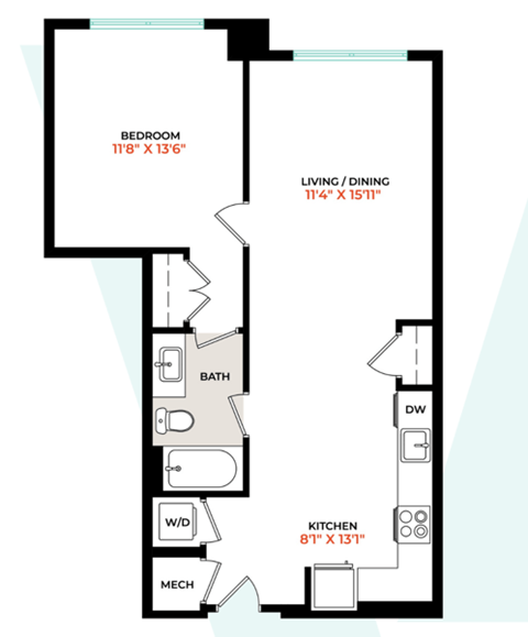 Floor plan for 1 bed, 1 bath, 729 sqft